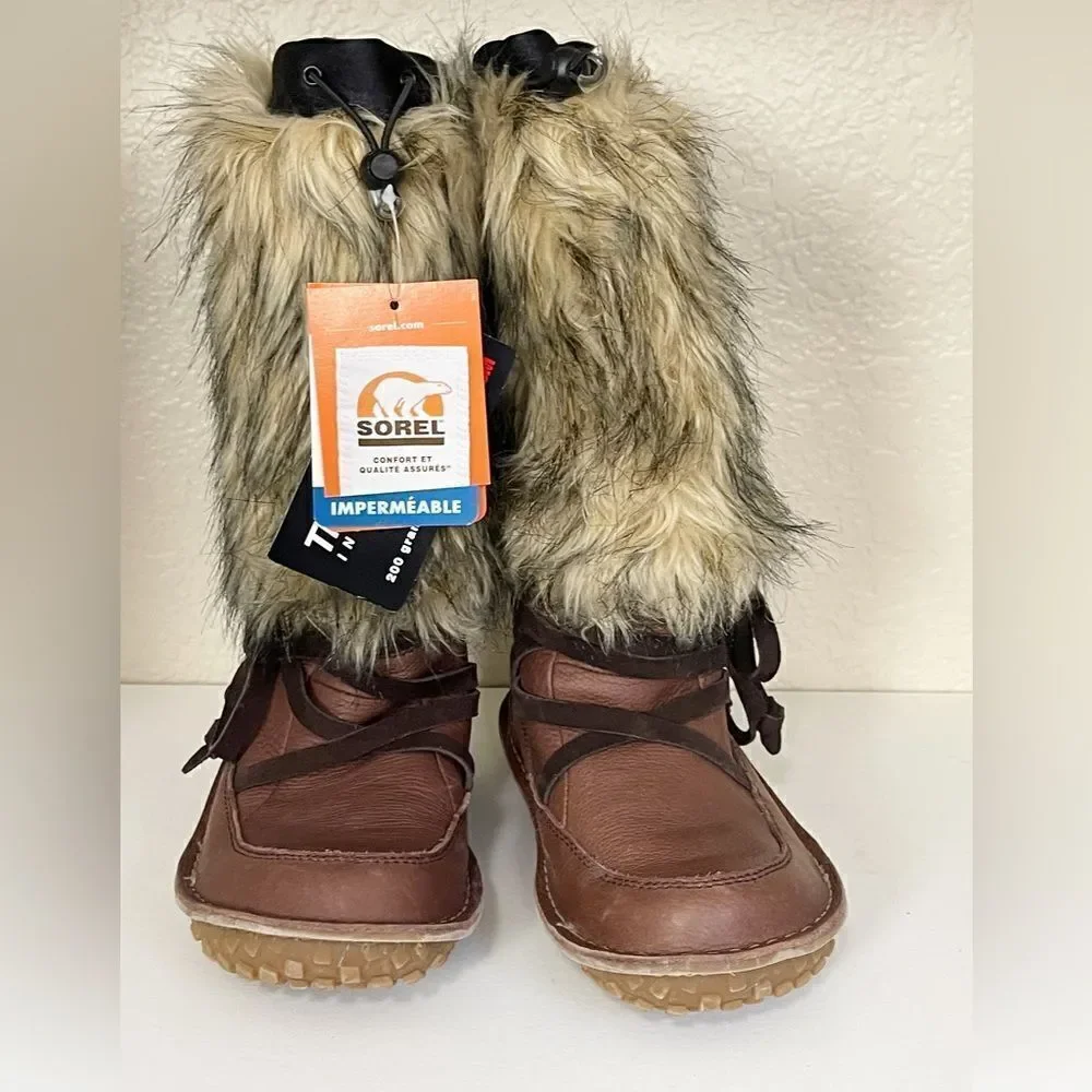 SOREL-Ahnah Faux Fur Brown Leather Boots 5.5. NWT